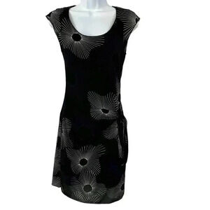 Studio M dress mini size Small black with white and purple print and side tie